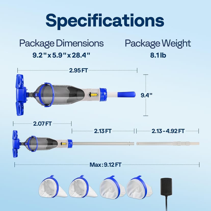 VIVOHOME Cordless Pool Vacuum with Telescopic & Extension Poles 9.12ft, 18.5 GPM Suction, 60-Min Run Time, Handheld Cleaner Rechargeable with Battery Indicator for Pools/Spas/Hot Tubs - Blue