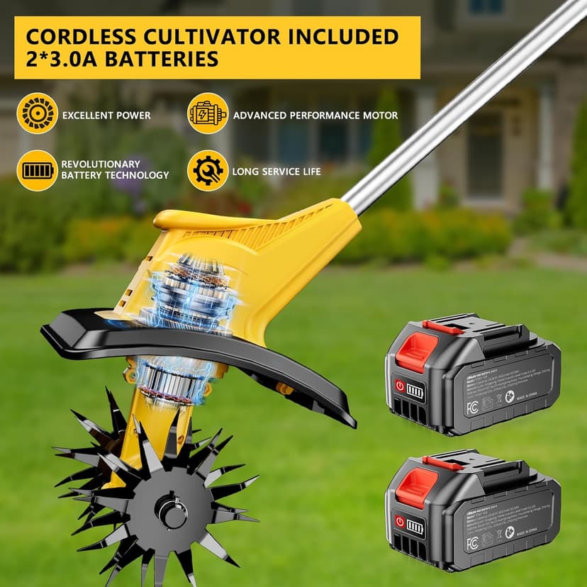 21V Cordless Tiller Cultivator, 360 Max RPM Cordless Electric Garden Tiller with 2 * 3.0 Ah Battery & Fast Charger, 9.06" Tilling Width, 6.3" Depth, Portable Rotary Tiller for Lawn Soil Cultivation