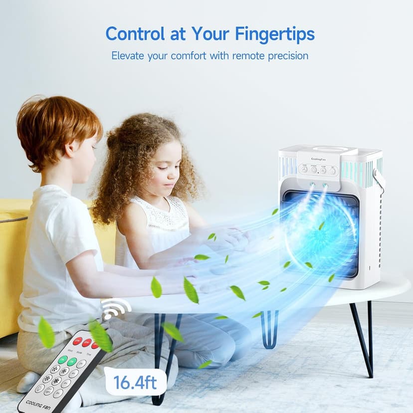 Portable Air Conditioner Cooling Fan with Remote, Quiet with 3 Speeds, 1200ml Evaporative Personal Air Cooler Fan with 3 Mist, 7 Night Light, 8H Timer, Small Air Conditioner for Bedroom Office
