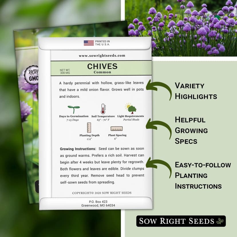 Sow Right Seeds - Common Chives Seed for Planting - Non-GMO Heirloom Packet with Instructions to Plant and Grow Kitchen Herb Garden Indoor or Outdoor - Mild Onion Flavor (1)