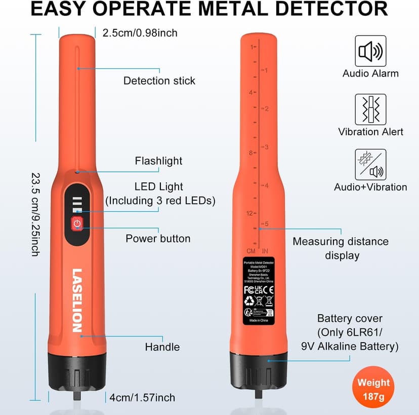 Metal Detector Pinpointer, Handheld Pin Pointer Wand Professional IP68 Fully Waterproof 360°Detection, Search Treasure Pinpointing Finder Probe with 9V Battery for Adults, Kids - Orange-MD01