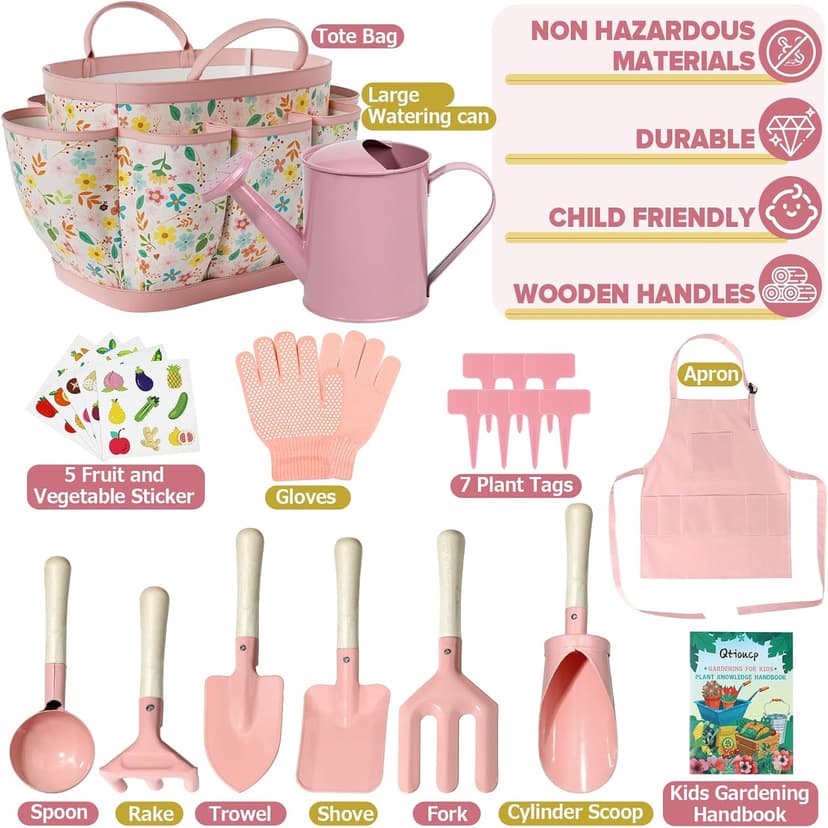 Kids Gardening Set 14Pcs Gardening Tools for Kids with Tote Bag,Watering Can, Shovel, Apron, Garden Book and More Educational STEM Learning Outdoor for Toddlers Boys Girls (Floral)