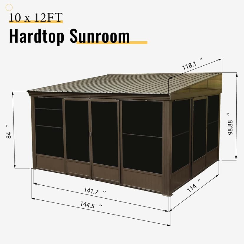 Domi 10'x12' Wall Mounted Sunroom Kit, Small Patio Solarium All Season, Aluminum Enclosed Gazebo with Galvanized Steel Roof, 2 Sliding Doors, Removable PVC Screen, Lean to Sun Room for Backyard, Deck