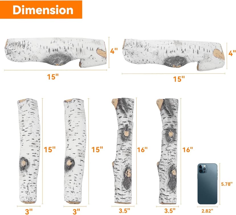 Skyflame 6 Piece Set of Gas Fireplace Logs, Large White Birch Ceramic Logs for All Types of Indoor/Outdoor Gas Inserts, Ventless, Fireplaces and Fire Pits