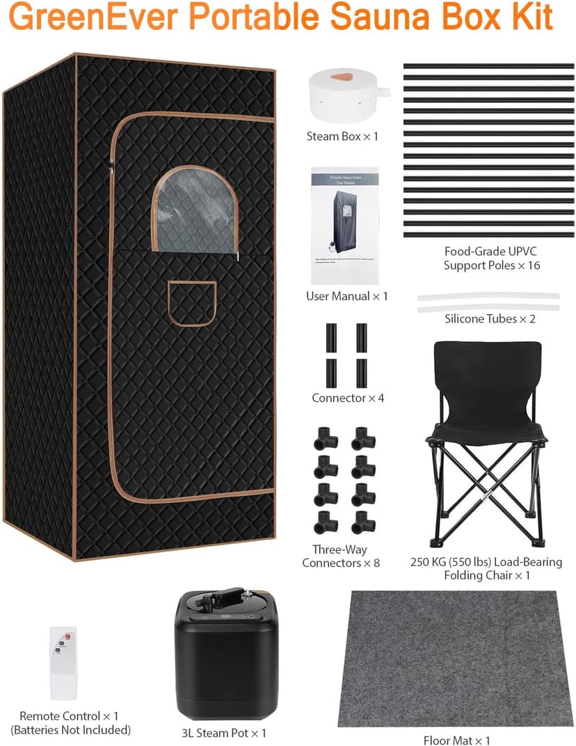 Portable Steam Sauna for Home: Full Body Sauna Box with 3L 1000W Steamer, 9Levels, Remote Control, Folding Chair, Saunas Tent for Gym, Pilates, Spa, Indoor, Outdoor, 36" x 36" x 71", Black & Brown