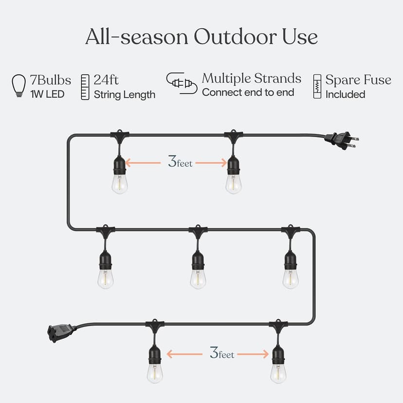 Brightech Ambience Pro LED String Lights - 24 Ft Commercial Grade Patio Lights Outdoor Waterproof - 7 Heavy Duty Porch Lights for Outside, Christmas, Backyard - 1W Vintage Edison Bulbs, Dimmable