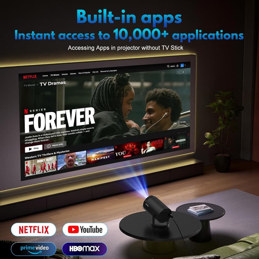 [Built-in Apps] Projector 1080P FHD 4K Support, Smart Projector with WiFi 6 and Bluetooth, Auto Keystone, Stereo Speaker, Compatible with HDMI/TV Stick/USB/Laptop, Portable Projector, Black