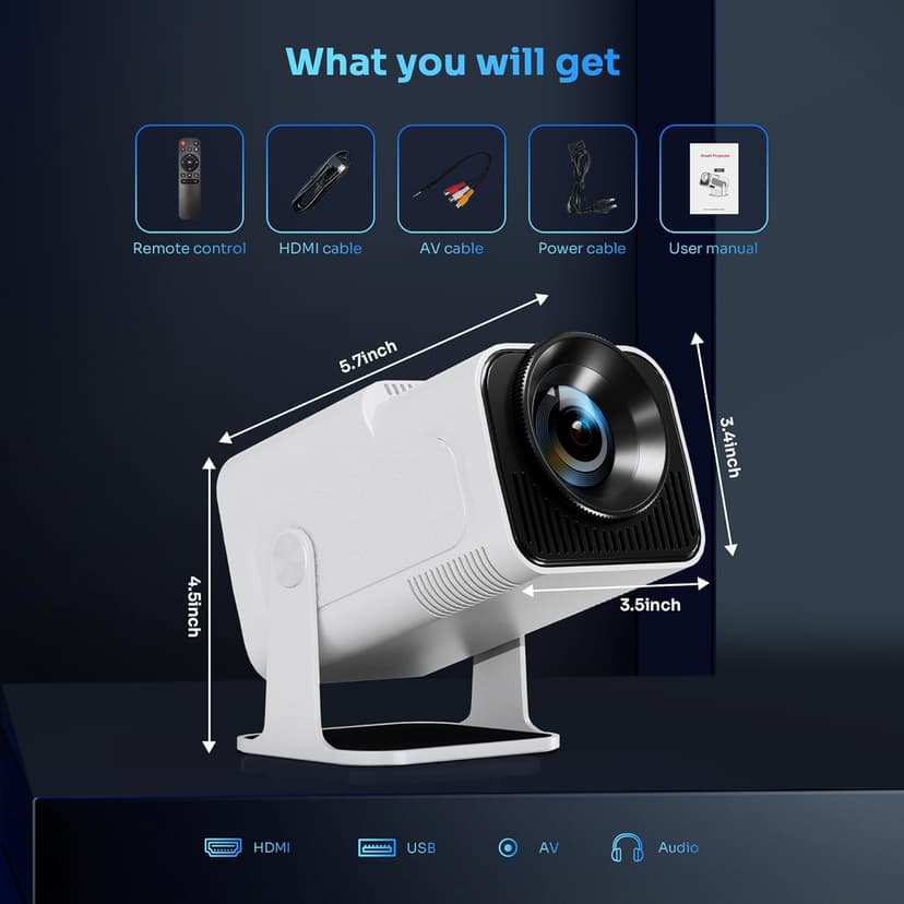 Smart Mini Projector with 180° Adjustable Stand, 1080P 4K Outdoor Portable Projector, WiFi 6 & Bluetooth 5.2, Android 11, 300ASIN LM, Support 2.4G/5G Dual-Band Wi-Fi.