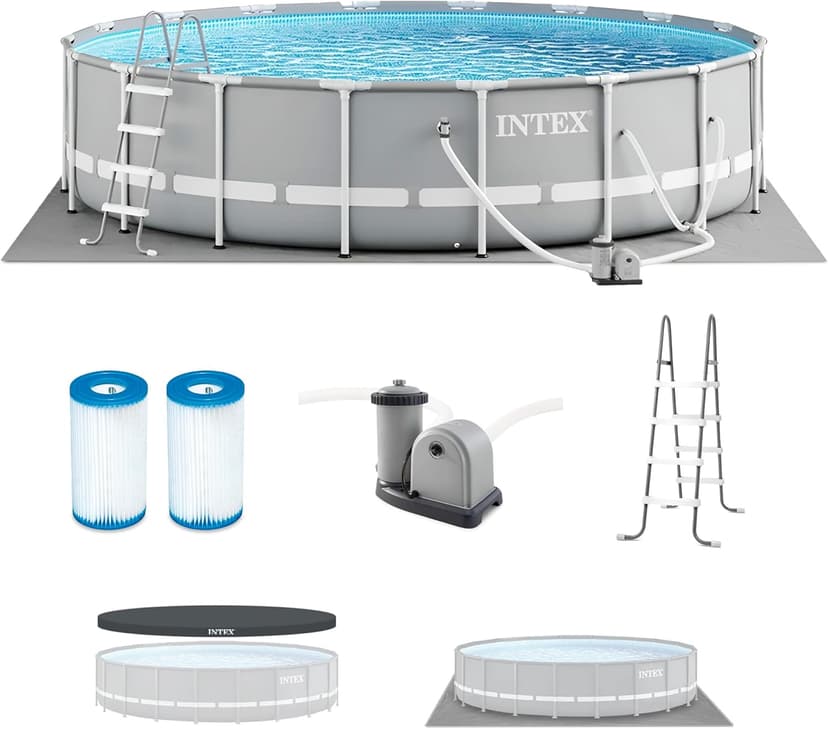 Intex 26731EH Prism Frame Premium Above Ground Swimming Pool Set: 18ft x 48in – Includes 1500 GPH Cartridge Filter Pump – Removable Ladder – Pool Cover – Ground Cloth
