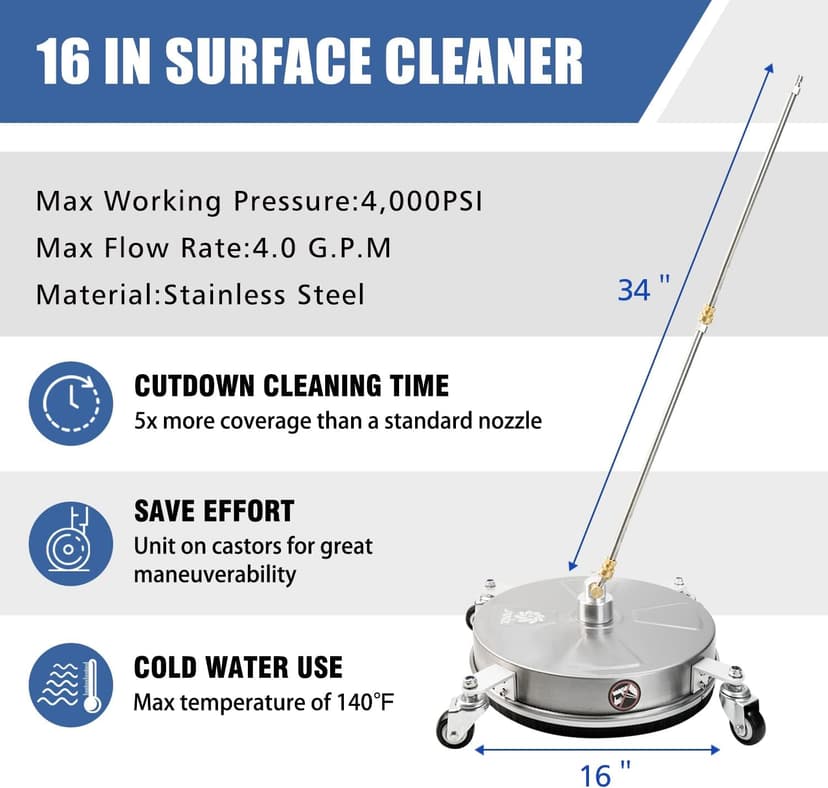 JANZ 16" Pressure Washer Surface Cleaner with 4 Wheels, Stainless Steel Housing, 1/4" Quick Plug, 2 Extension Wand Attachments, 2 Replacement Nozzles and 3 Spray Nozzles, 4000 PSI