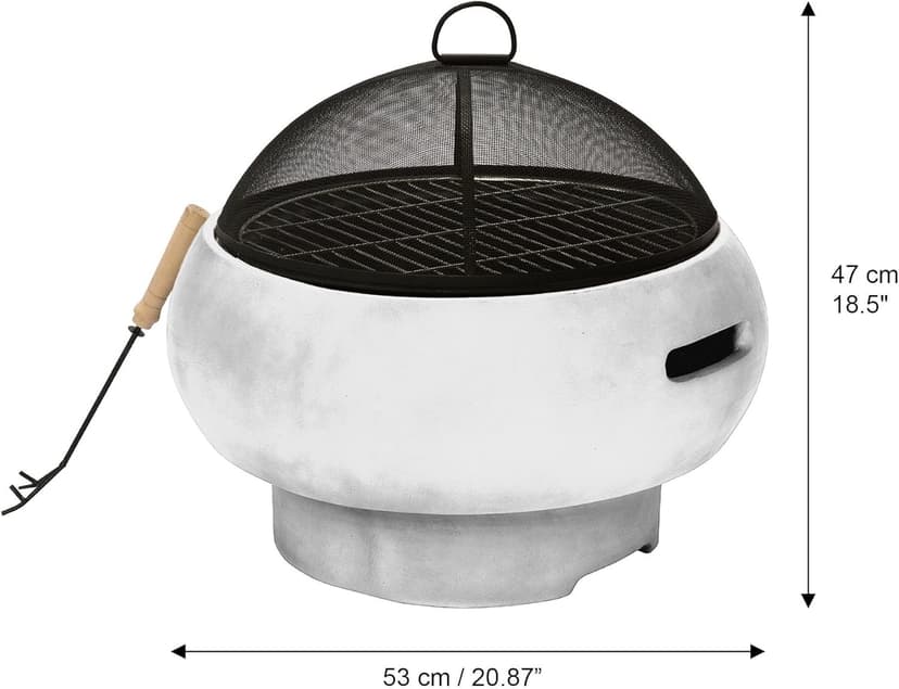 Teamson Home MGO Light Concrete Round Charcoal and Wood Burning Fire Pit for Outdoor Patio Garden Backyard with Spark Screen, Fireplace Poker, Grate, and BBQ Grill, Light Gray