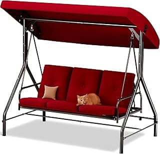 Porch Swing - 3-Seat Patio Outdoor Swing with Canopy for Adultes, Convertible Glider Bed, Thick Removable Cushions & Pillows for Backyard, Porch, Garden - Burgundy