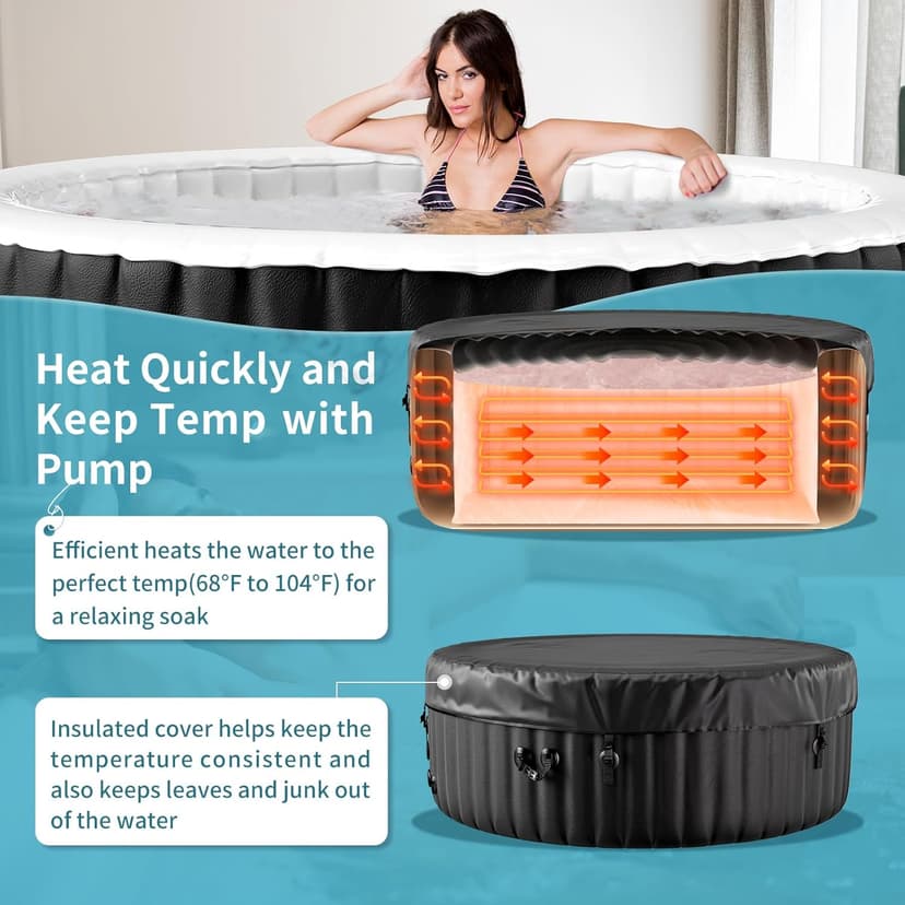 2-4 Person Inflatable Hot Tub, Round Portable Blow up Hot Tub, Leak-Proof PVC Outdoor Spa with 120 Air Jets, Insulated Cover & Heater Pump, 71” X 71” X 25”