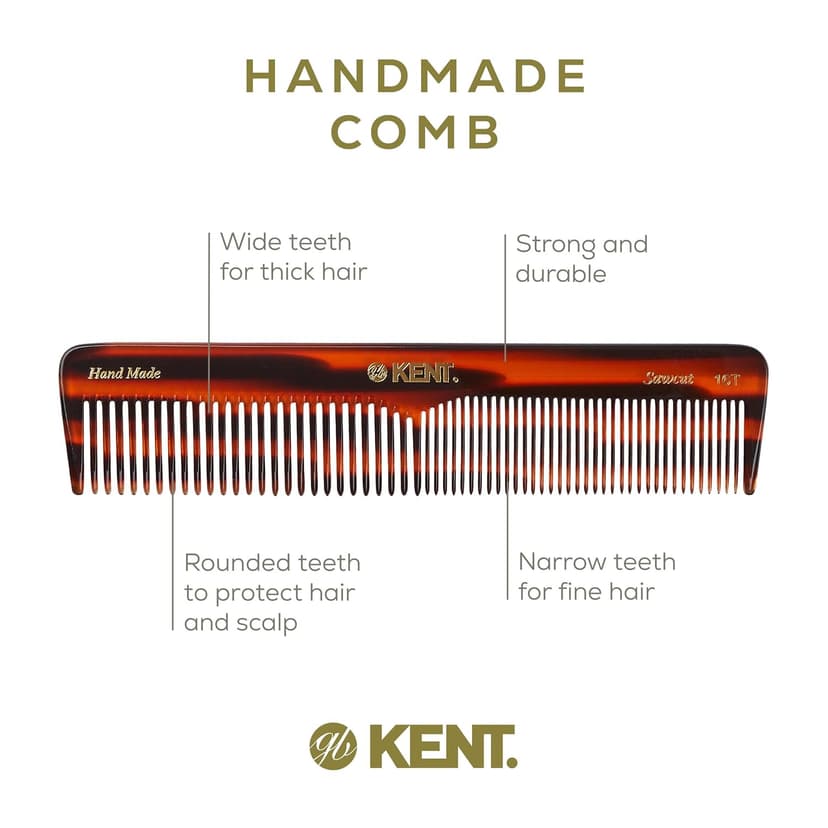 KENT 16T Fine Tooth and Wide Tooth Comb for Daily Grooming, Handmade Styling Comb for All Hair Types, Styling and Detangling Combs for Men and Women