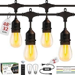 50FT Outdoor String Lights Waterproof with 30+2 Bulbs(𝟏.𝟓𝐅𝐓 𝐁𝐮𝐥𝐛𝐥𝐬 𝐒𝐩𝐚𝐜𝐢𝐧𝐠), Remote & Dimmer, Commercial Grade Patio Lights with 3 Mode Light & Timing,100PC Ties for Outside