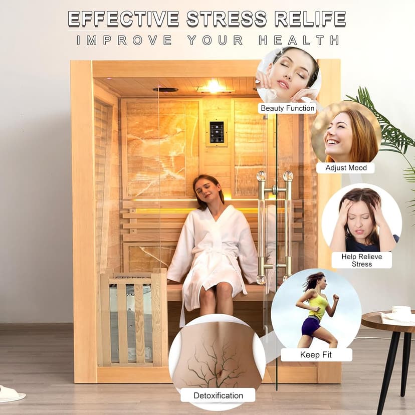 Smartmak Wood Home Steam Sauna, 3 Person Canadian Hemlock Traditional Luxurious Wooden Indoor Spa Room, with 3.5 kw Heater, Bluetooth Speaker, Rocks, Water Bucket, Spoon, Hygrothermograph, Lights