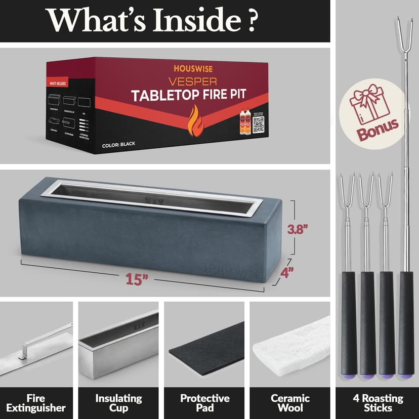 Tabletop Fire Pit - Concrete Outdoor & Indoor Fire Pit Tabletop, Smores Maker Kit, Table Top Firepit, Small Portable Mini Indoor Fireplace