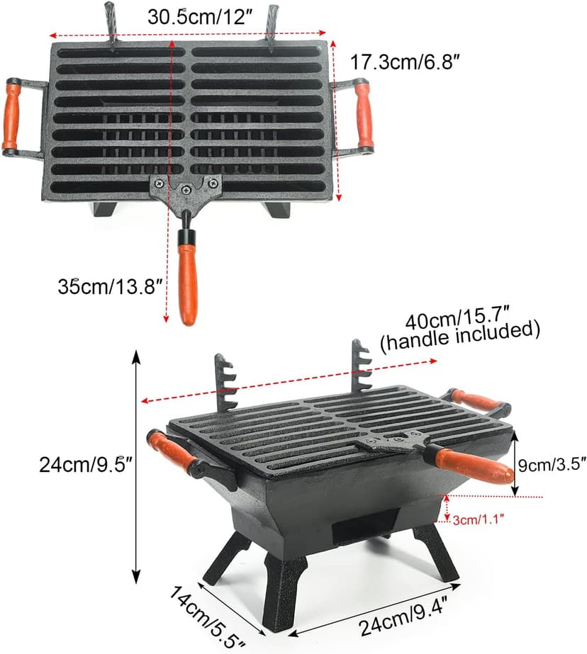 Sungmor Small Cast Iron Charcoal Grill Stove w/ 12" x 6.8" Gridiron, Heavy Duty Tabletop BBQ Grill, Balcony Yard Outdoor Hibachi Grills Steak Chicken Meat Cooker, Camping Party Barbecue Smoker Grill