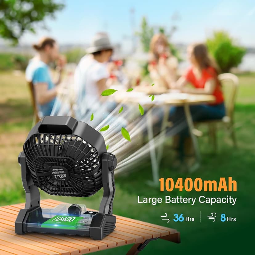 10400mAh Solar fan, Camping Fan with Solar Panel, 7W Rechargeable Solar Powered for Outside, LED Lantern, Stepless Speed and Quiet Battery Operated for Picnic, Barbecue, Fishing, Travel