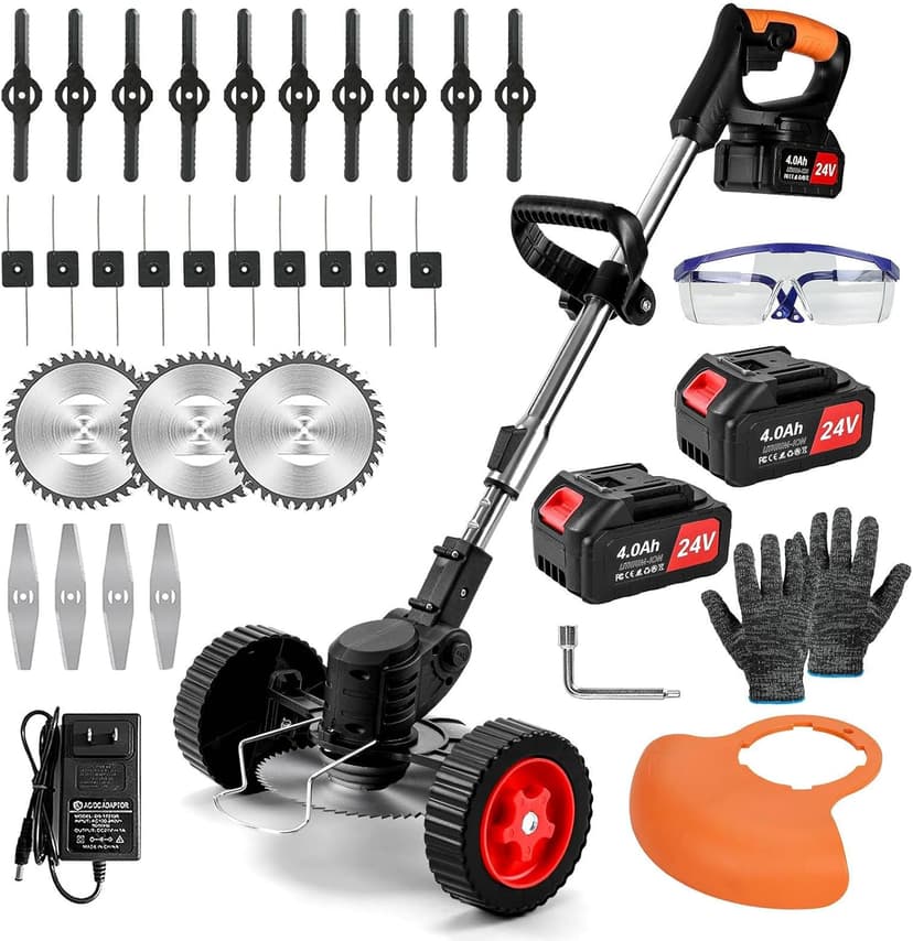 Weed Wacker Cordless,24v Electric Weed Eater Battery Powered,3 in 1 Lightweight Grass Trimmer with 2 4.0 Ah Batteries & Charger, Height Adjustable Wheeled Brush Cutter for Women,Lawn Care,Garden,Yard