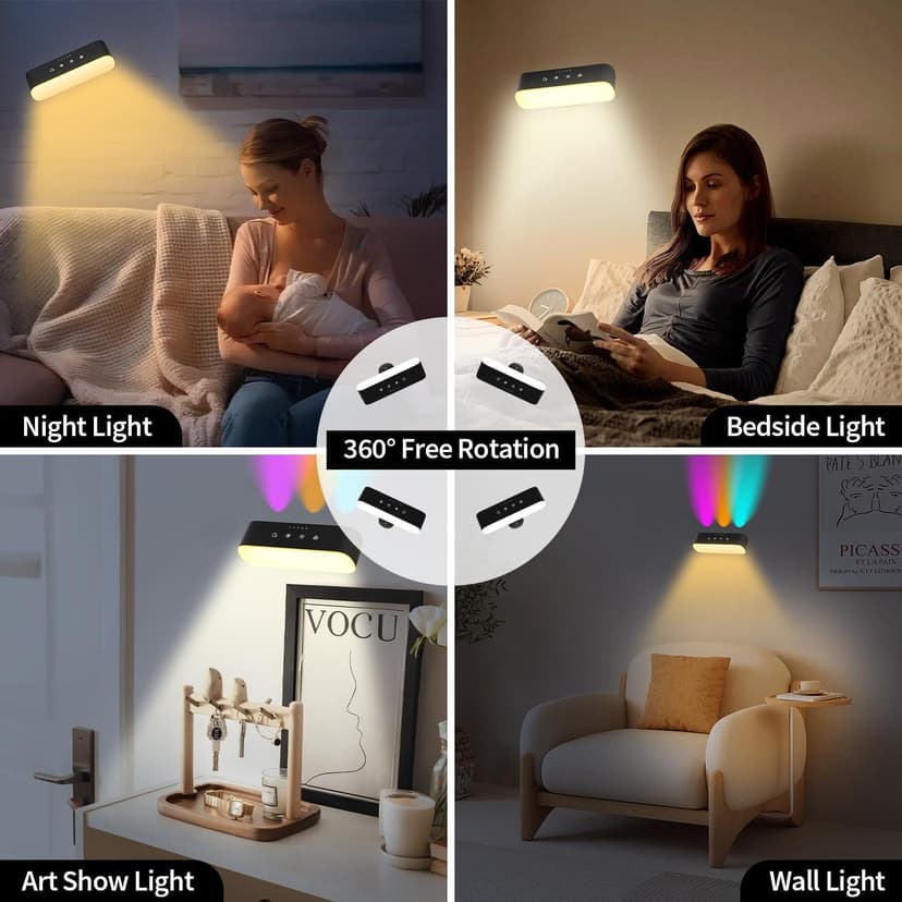 Wall Lights with Remote,Battery Operated Wall Sconce,3 Colors Temp & 9 RGB Ambient Sconce,Magnetic 360° Rotation Cordless Wall Mounted Lamps for Bedroom Bedside,Reading Bedside(Black)