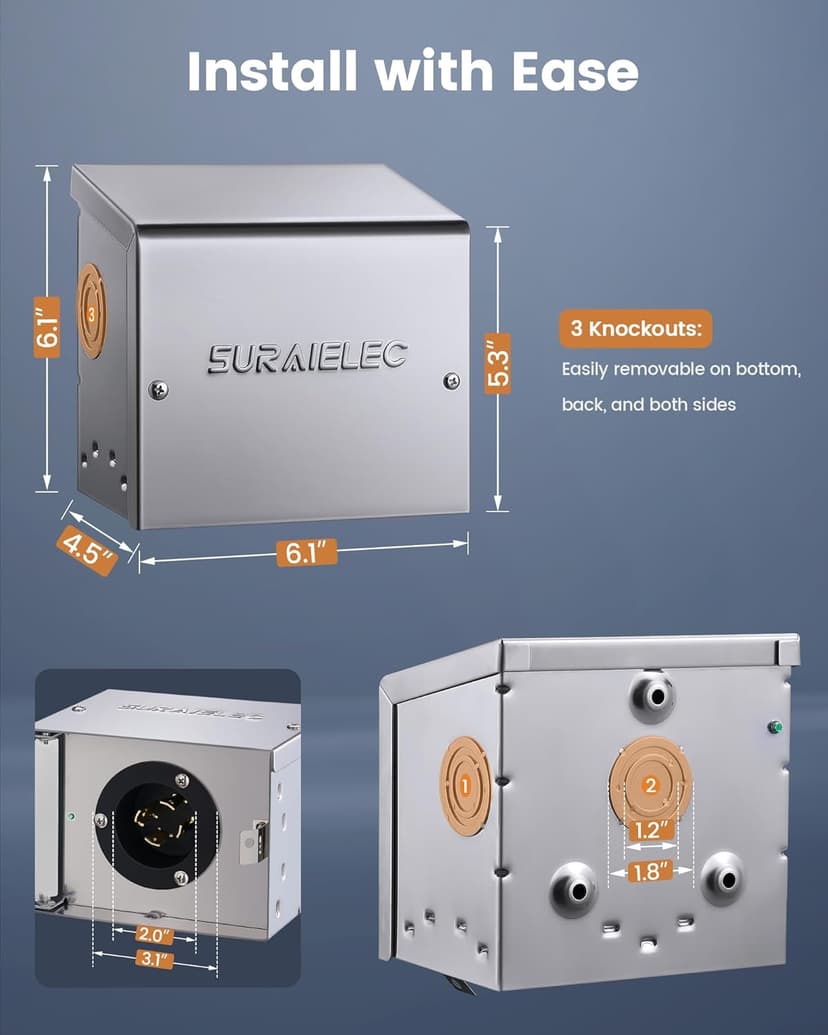 SURAIELEC 30 Amp Generator Power Inlet Box, NEMA L14-30P Generator Box for 4-Prong Generator Cord, Stainless Steel Housing, 125/250V, 7500W Weatherproof Outdoor Power Inlet Box