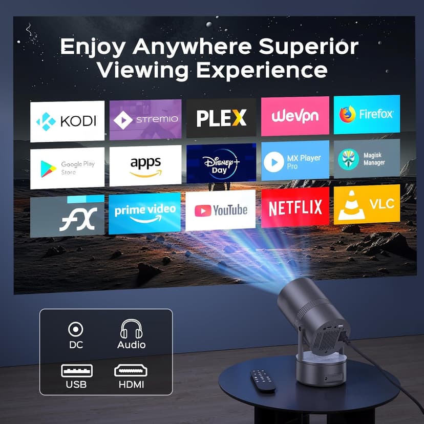 [Built-in Battery] Mini Projector With Wifi and Bluetooth, 4K Decoding 1080P Supported 270 Rotatable 150'' Screen Auto Keystone Home Outdoor Portable Smart Projector, Iron Grey