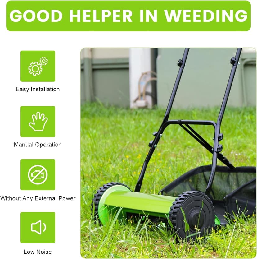 12-Inch Lawn Reel Mower, 5-Blade Push Reel Mower Manual Adjustable Cutting Height with 6 Gallons Grass Catcher Easy to Use for a Green Healthy Lawn