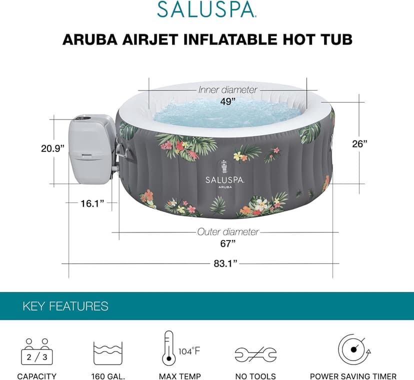 Bestway SaluSpa Aruba AirJet Large Round 2 to 3 Person Inflatable Hot Tub Portable Outdoor Spa with 110 AirJets and EnergySense Cover, Grey
