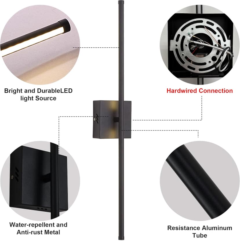 Modern Wall Sconces Set of Two, Dimmable Hardwired Wall Sconces, 350° Rotate, LED Matte Black Wall Light Fixtures, 3000K Warm Light Wall Lamp for Bathroom, Living Room, 27.8 Inch (2 Pack)
