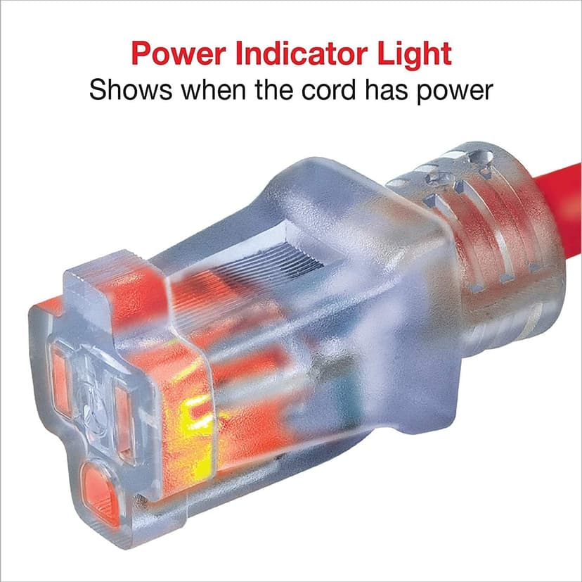 Clear Power 50 ft Heavy Duty Extreme Cold Weather Outdoor Extension Cord 12/3 SJTW, Lighted Connector, Red, Water & Weather Resistant Flame Retardant, 3 Prong Grounded Plug, DCOC-0107-DC