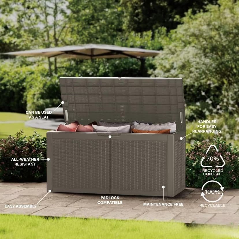 100 Gallon Lockable Resin Deck Box, Waterproof & UV-Resistant Outdoor Storage Box for Cushion Storage and Outdoor Delivery Storage,Coffee