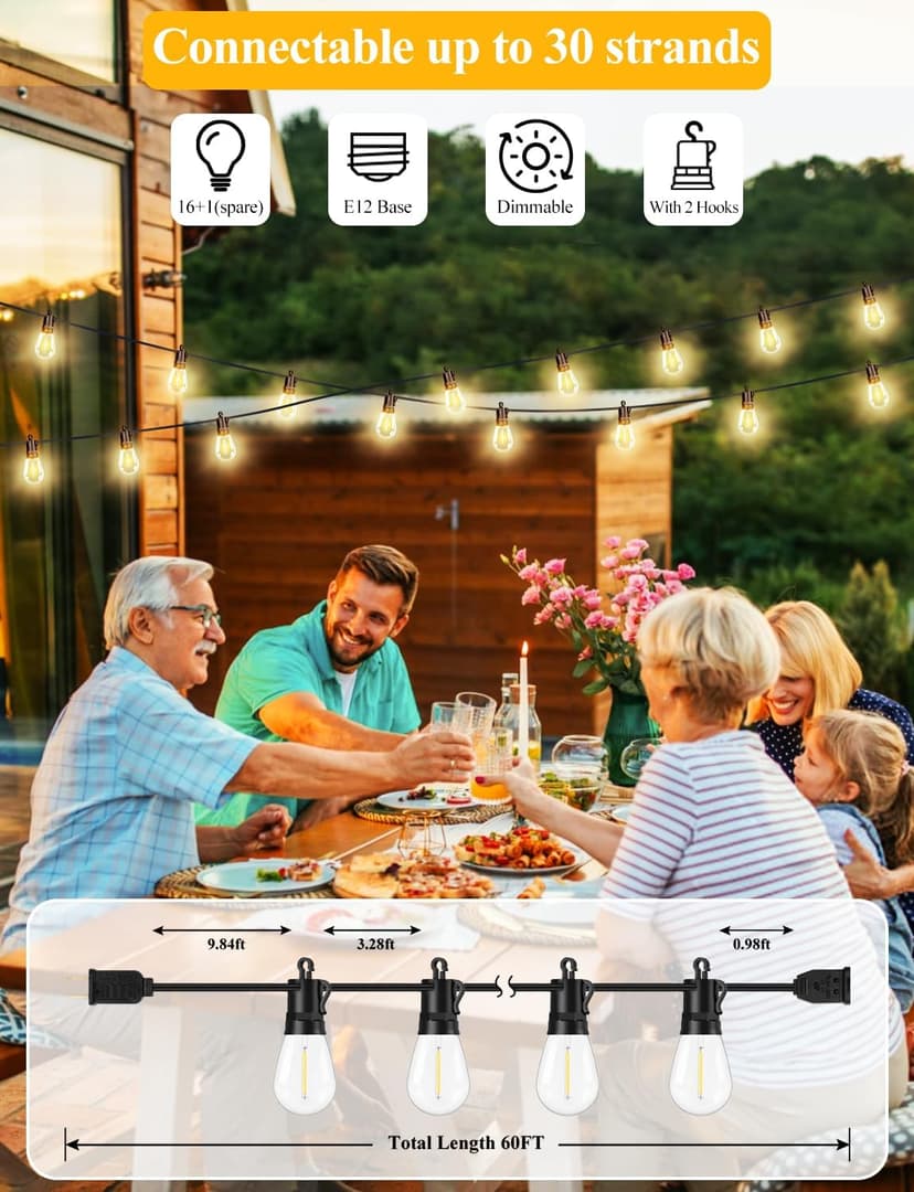 Brightever LED Outdoor String Lights, 60FT Patio Lights with 17 Shatterproof S14 Vintage Edison Bulbs(1 Spare), Outside Hanging Light Waterproof for Porch, Garden, Deck, Backyard, 2700K Dimmable