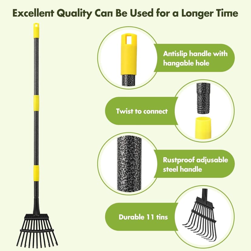 Garden Rake for Leaves Sturdy Metal Small Yard Leaf Rakes for Lawns 60” Length 8.5 Inch Width 11 Tines for Women Men Kids Lightweight with Non-Slip Comfortable Smooth Long Handle