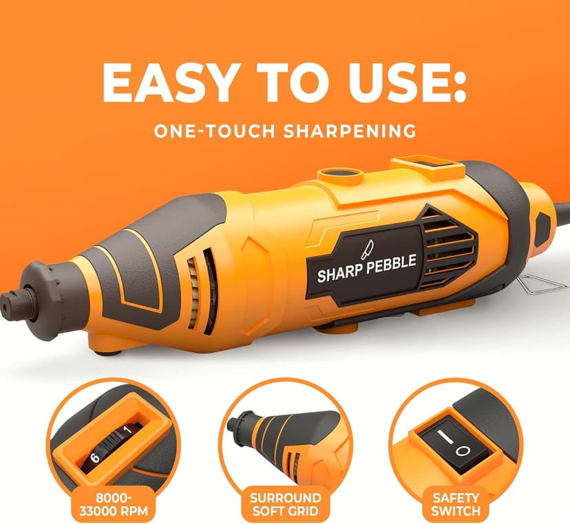 Sharp Pebble Electric Chainsaw Sharpener Kit - Comes with Chain Saw Sharpener Tool, 4 File Size Diamond Sharpening Wheels, Angle Attachment, Wrench & eBook.