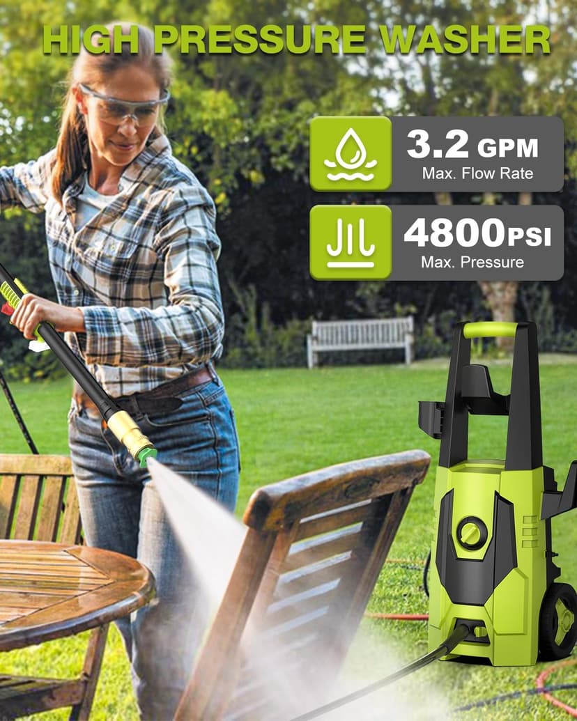 AgiiMan Electric Pressure Washer - 4800PSI Max 3.2 GPM Power Washer with 35FT Power Cord, 20FT Hose, Soap Tank, High Pressure Washer Electric Powerd Car Cleaning for Garden, Patios, Yard, Green