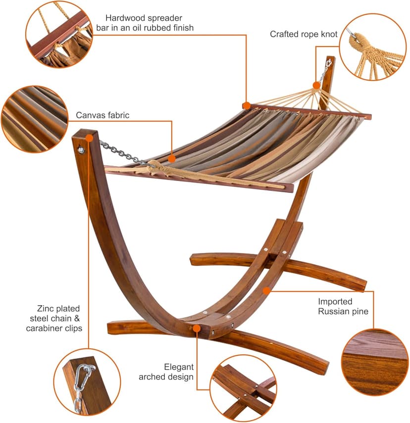 Lazy Daze Hammocks Cotton Fabric Spreader Bar Hammock and 10.5 Ft Wood Arc Hammock Stand Combo, for Indoor, Outdoor,Patio, Backyard, Khaki and Brown