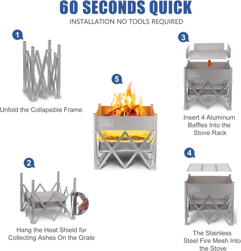 KAMPKEEPER Fire Pit 18 Inch Outdoor Wood Burning Fire Pit,Portable Fire Pit for Camping, Beach Parties,and More,Included Heat Shield for Leave No Trace Fires