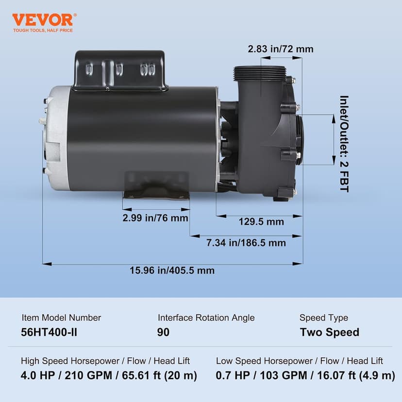 VEVOR 2 Speed SPA Pump, 56-Frame, AC 220-240V Hot Tub SPA Pump, 4HP/210GPM/65.61ft High Speed or 0.7HP/103GPM/16.07ft Low Speed, 2" Port 90° Rotational Interface for Hot Tub, Tested to UL Standards
