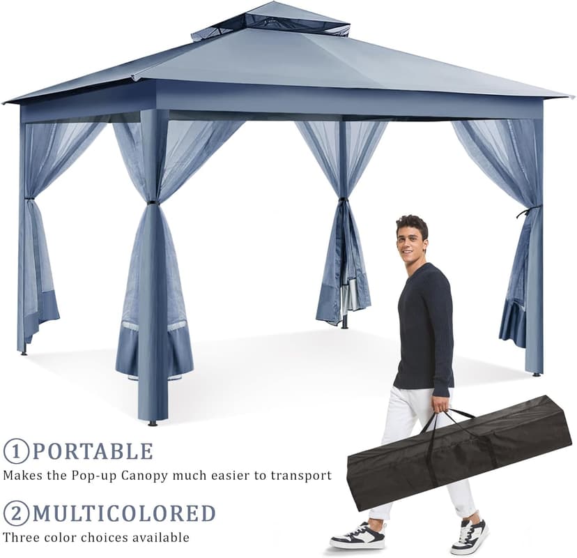 yoyomax 13X13 Outdoor Pop Up Gazebo with Netting, Portable Gazebo Waterproof Patio Canopy Shelter with Double Roof Tops and 169 Square Feet of Shade for Beach Parties, Camping and Picnics - Gray