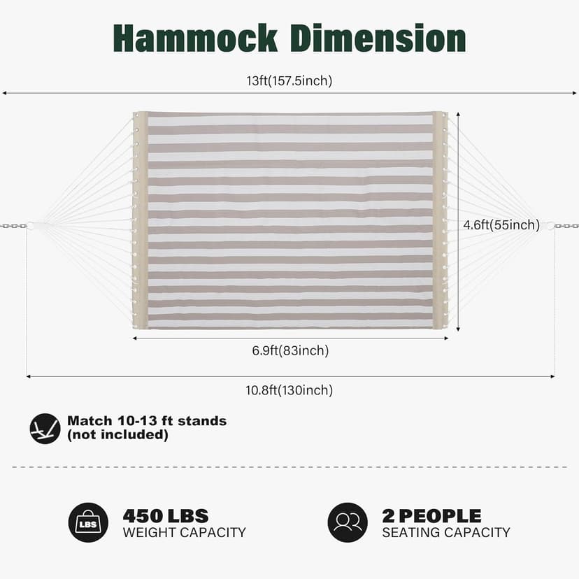 Patio Watcher 13 FT Quick Dry Textilene Hammock - Outdoor Double Hammock - Heavy Duty for Outside - 450 lbs Capacity - Beige White