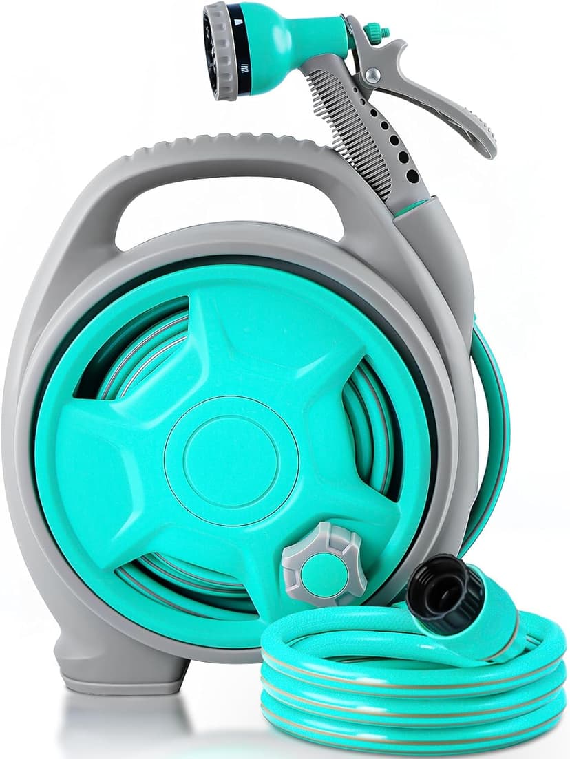50FT Retractable Garden Hose Reel, Lightweight & Portable Hose Reel with 6 Patterns Spray Nozzle, Suitable for US Standard Hose Connection, Great for Patio Watering