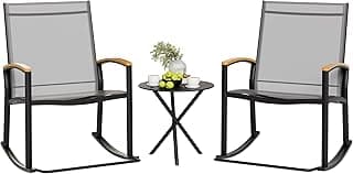 Shintenchi 3 Piece Outdoor Rocking Bistro Set, Textilene Fabric Small Patio Furniture Set, Front Porch Rocker Chairs Conversation Set with Table for Lawn, Garden, Balcony, Poolside (Light Gray)