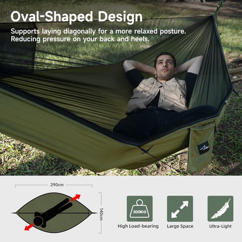 Camping Hammock with Mosquito Net and Ridge Rope, Extra Large for 2 Person, Lightweight Hanging Hammocks Tree Straps, All-in-one Fast Open Hammock for Outside, Hiking, and Travel