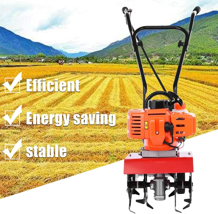 Garden Tiller Gas Powered,Garden Tiller,52cc 2 Stroke 9000RPM Cordless Tiller Cultivator,6-inch Depth Digging Petrol Cultivator 1.2L Fuel Tank Mini Tiller for Lawn Yard Soil Cultivation
