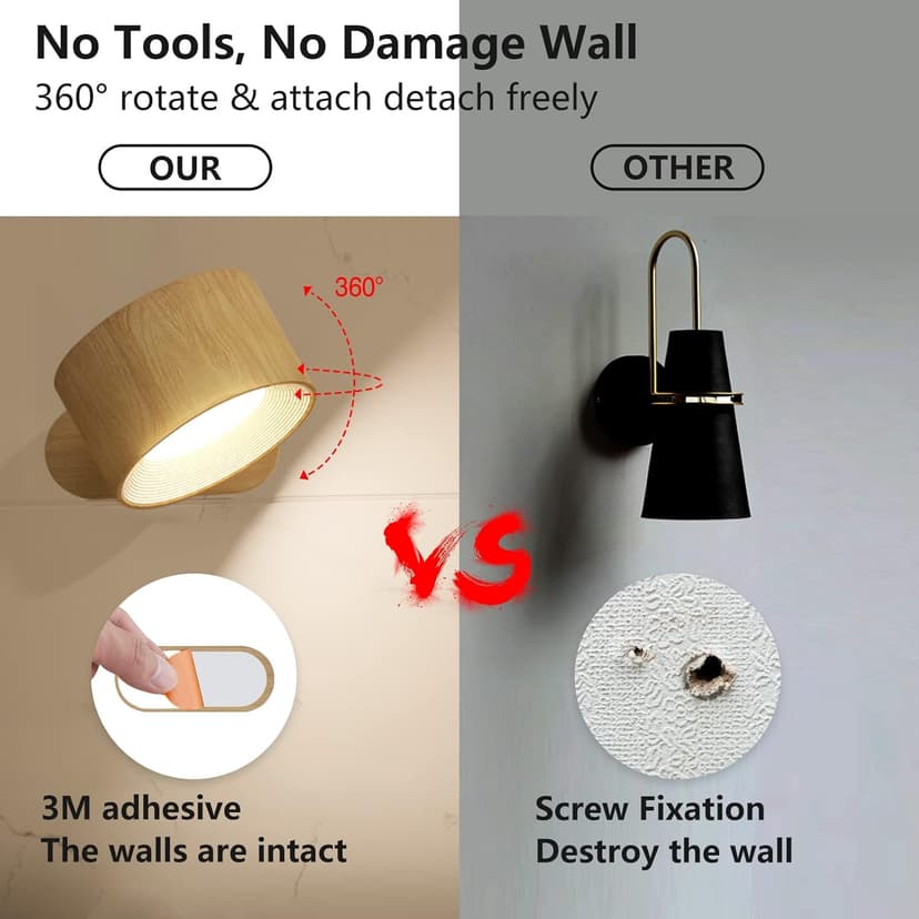 Koopala LED Sconces, Wall Mounted Lamps with Rechargeable Battery Operated USB Port 3 Color Temperatures & 3 Brightness Levels 360°Rotate Magnetic Ball, Cordless Lights for Reading Bedside