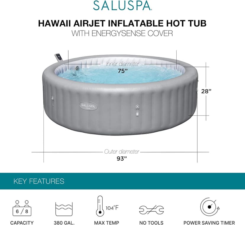 Bestway SaluSpa Hawaii Smart AirJet Inflatable Hot Tub Round Portable 6 to 8 Person Spa with 190 AirJets, App Control and EnergySense Cover, Grey