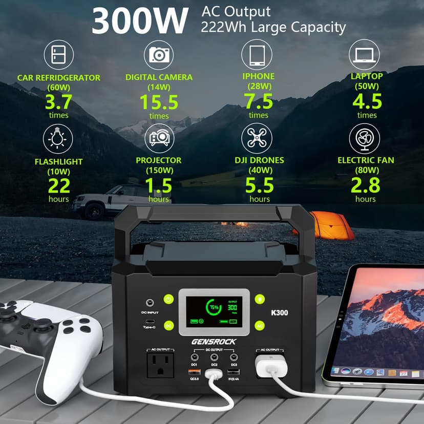 GENSROCK Portable Power Station, 110V/300W Pure Sine Wave Solar Generator, 222Wh Backup Lithium Battery With AC Outlet/QC 3.0/Type-C/LED Light for CPAP Family Emergency Outdoor Camping RV Travel.