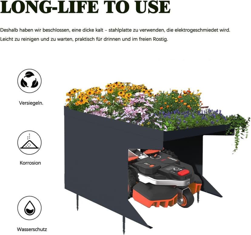 Weatherproof Robotic Lawn Mower Garage with Planter | Heavy-Duty Metal Shelter for Robotic Lawn Mower (27.56x39.37x24.41in) | UV Protection & Drainage System