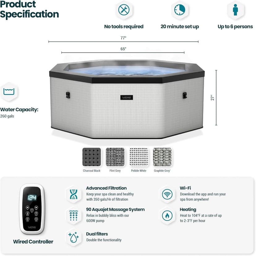 Como 6 Person Eco Foam Hot Tub | Portable Outdoor Spa with Rapid Heating | Durable PVC Material | Easy Setup | Ideal for Garden and Patio Relaxation | Graphite Gray